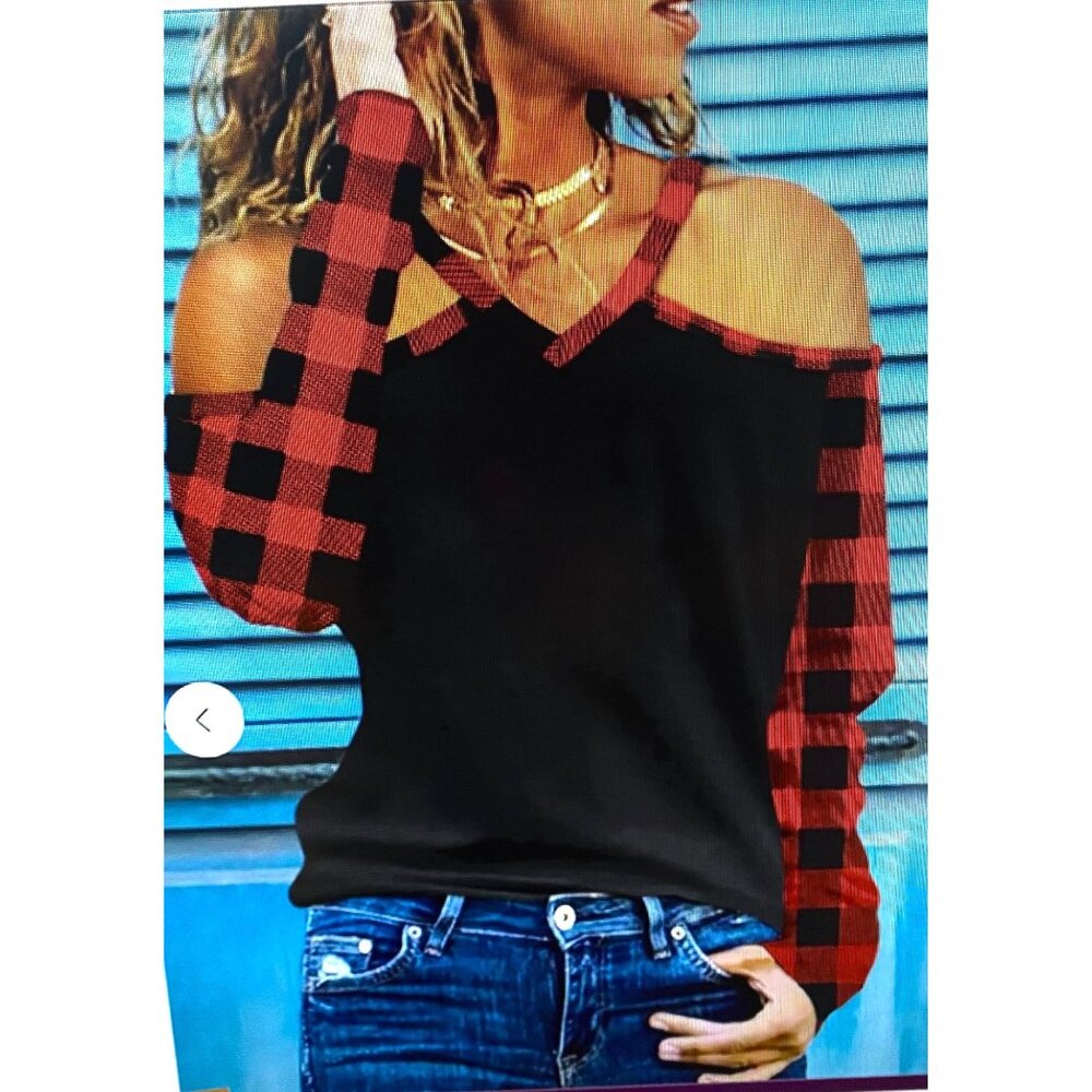 Womens Plaid Print VNeck Cold Shoulder Size Large T-Shirt Casual Long Sleeve Top